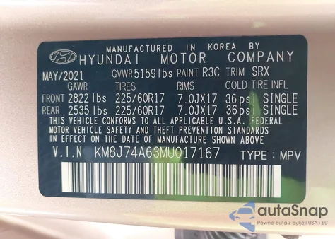 2021 Hyundai Nexo Blue z USA, uszkodzony, nr VIN KM8J74A63MU017167